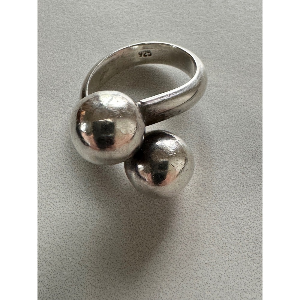 Vintage 925 Sterling Silver Double Orb Bypass Ring Size 5.75 Modernist Ball